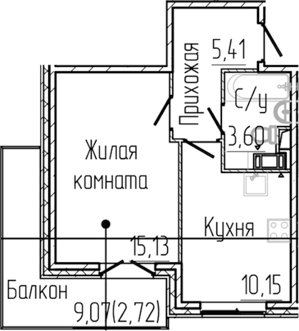 1-комнатная квартира 37.01 м², 4/4 эт., ЖК «SERTOLOVO PARK»